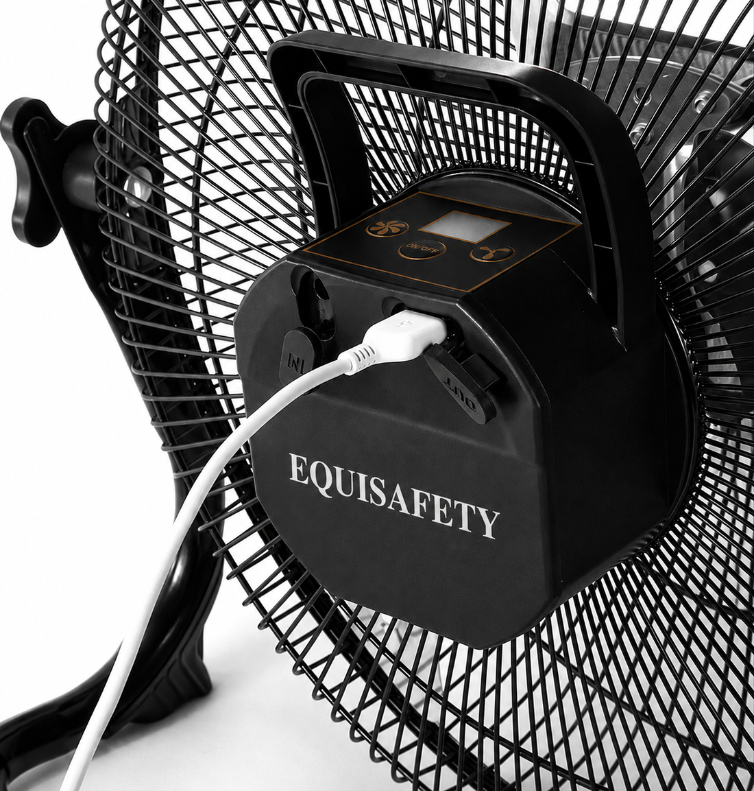 A black industrial-style desk fan with a wire safety grille, three curved fan blades, and a stable U-shaped stand, shown against a plain white background.