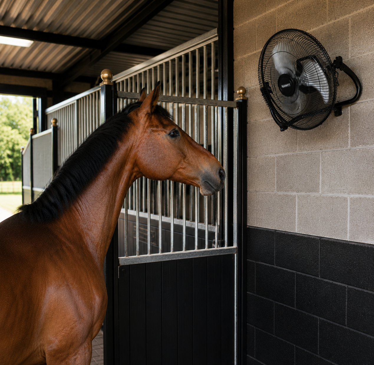 Horse looking at large fan in his stable