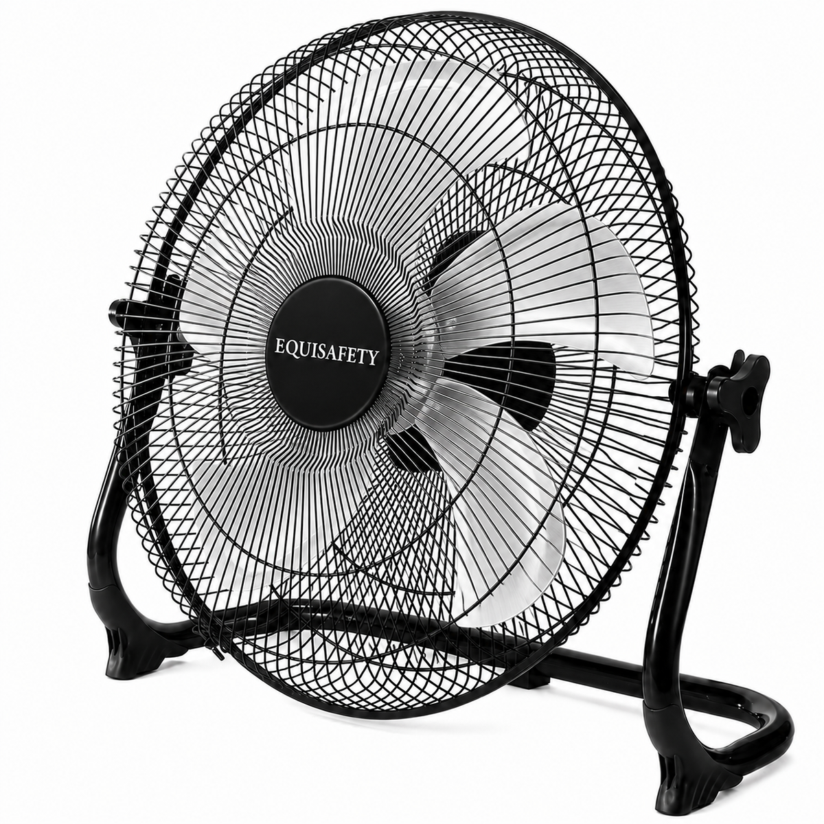 A black Equisafety fan with a wire safety cage, three white fan blades, and a black stand, shown on a solid white background.
