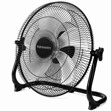 A black Equisafety fan with a wire safety cage, three white fan blades, and a black stand, shown on a solid white background.