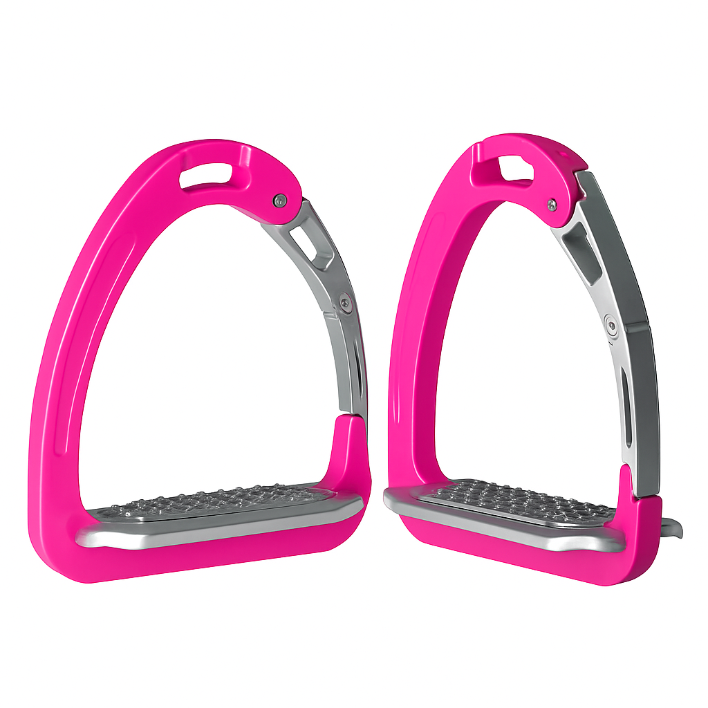 Equisafety Caballus Safety Stirrups - Double Arm Action & 5 degree inclination - Hi Vis Pink