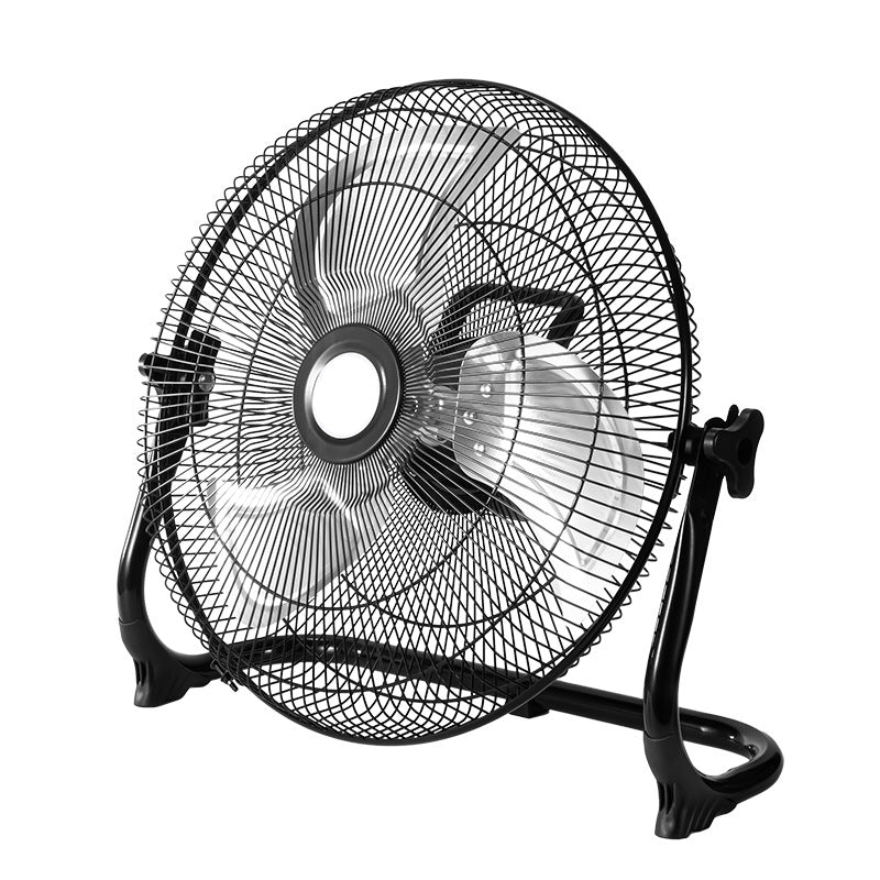 A black industrial-style desk fan with a wire safety grille, three curved fan blades, and a stable U-shaped stand, shown against a plain white background.