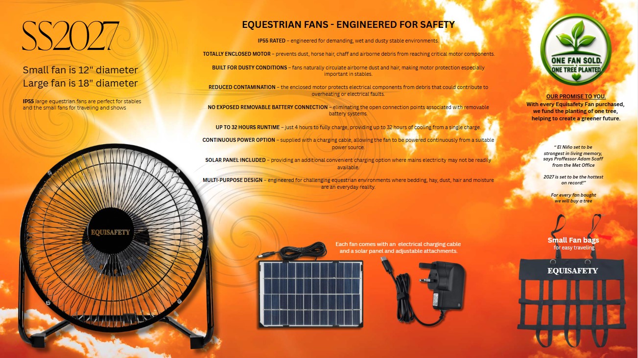 Equestrian fans by EquiSafety SS2027 promotional graphic on an orange sunburst background, showing a black round fan, a small fan with charger, a solar panel, and text describing sizes, features, and packaging.